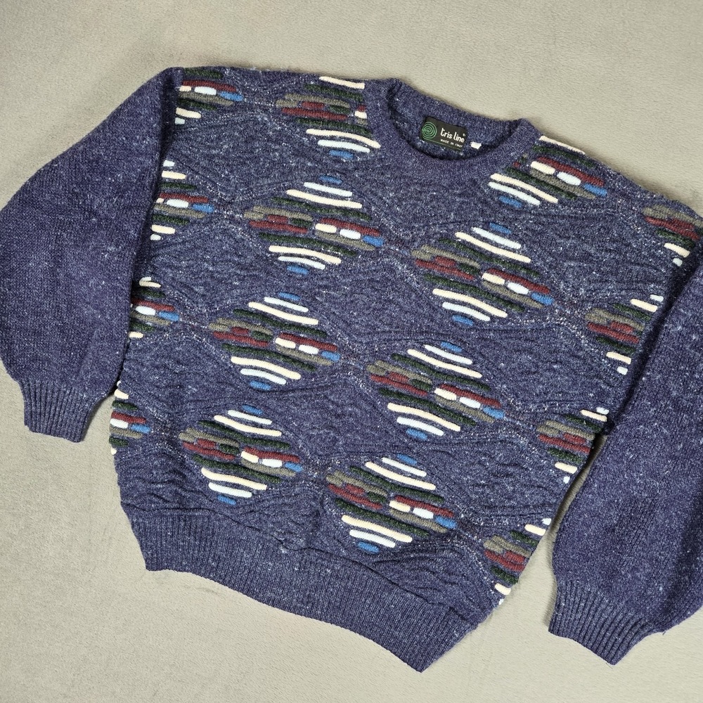 Vintage Tris Line‎ Italian Sweater Abstract Mens Small 3D Knit Blue Wool Acrylic